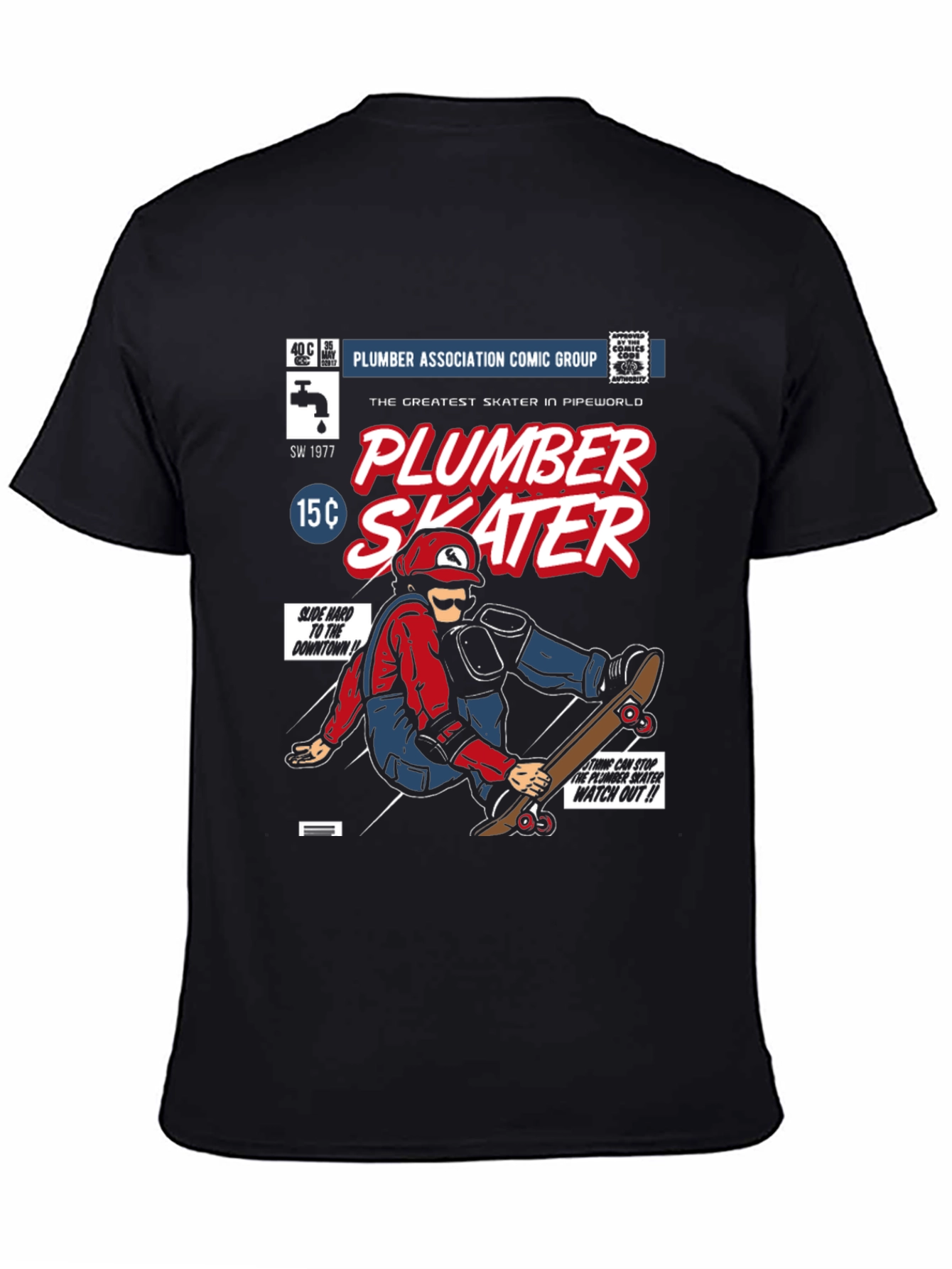 Plumber Skater Comic T-Shirt - Black Cotton Graphic Tee
