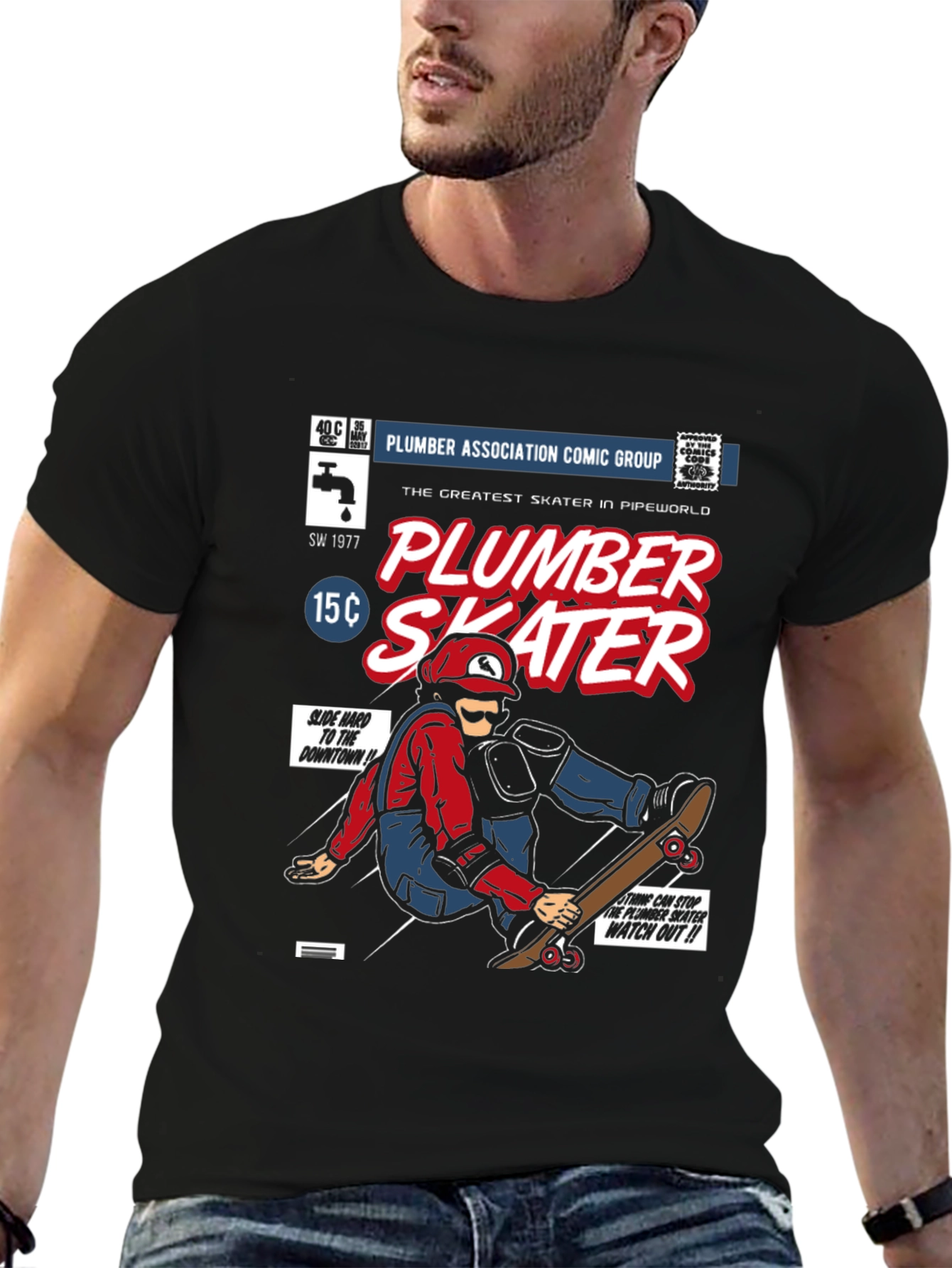 Plumber Skater Comic T-Shirt - Black Cotton Graphic Tee