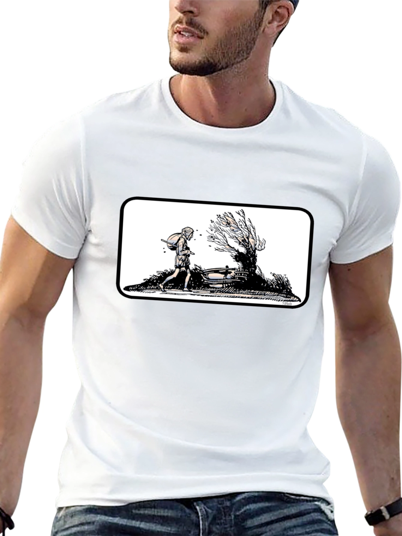 Black Graphic Tee - Man Walking by a Tree