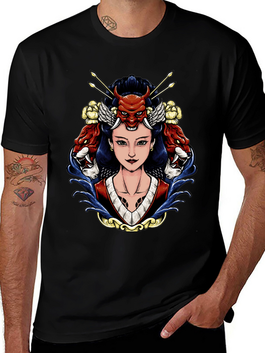 Japanese Art Graphic Tee - Oni Mask & Geisha Design