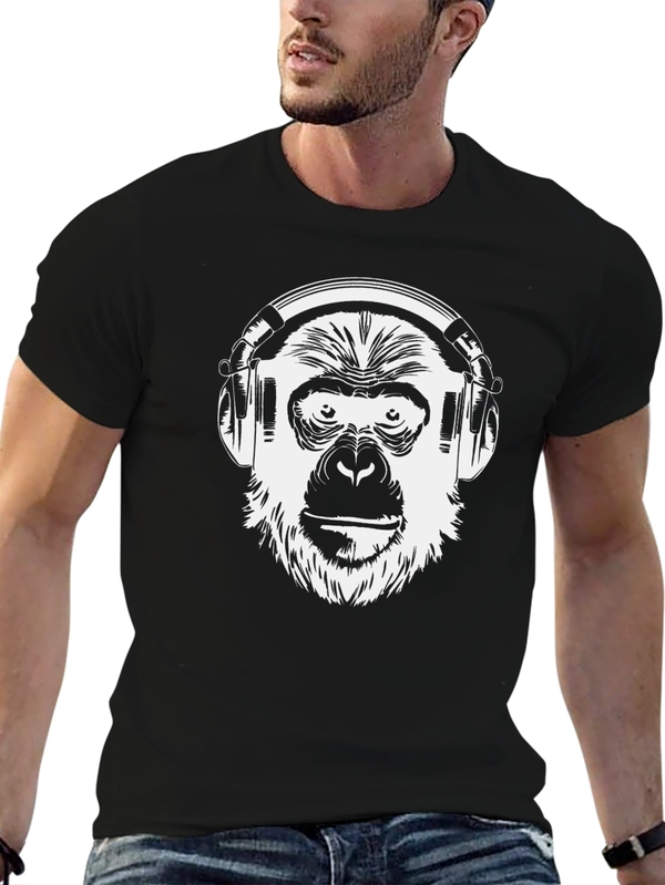 Monkey DJ Graphic T-Shirt - Black Crew Neck Tee