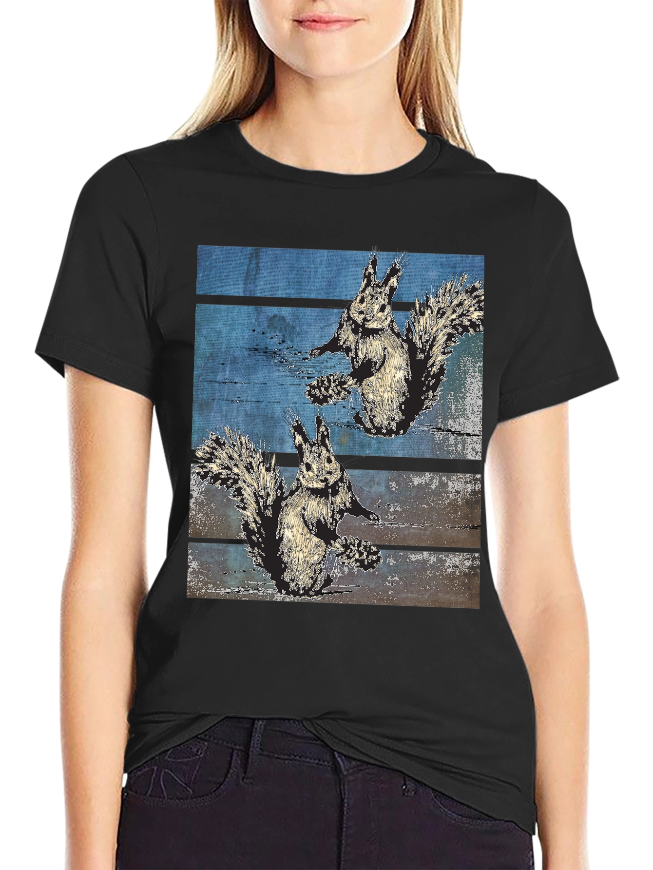 Squirrel Graphic Print Black Tee