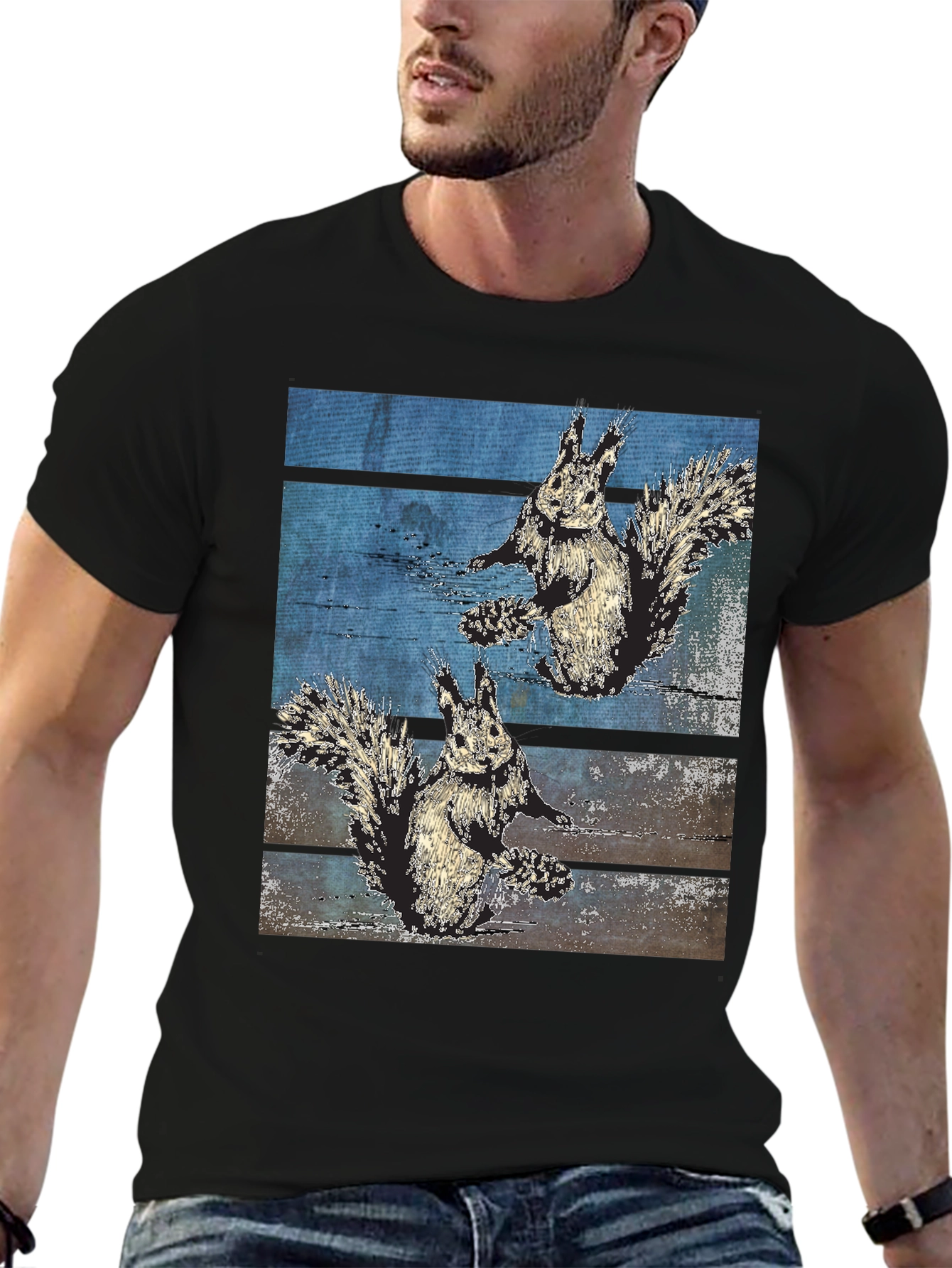 Squirrel Graphic Print Black Tee