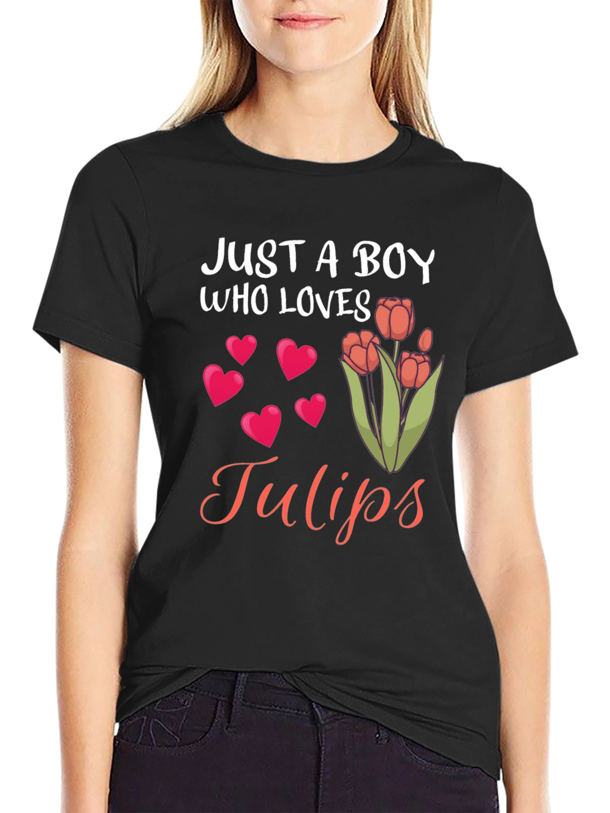 Just a Boy Who Loves Tulips Black T-Shirt