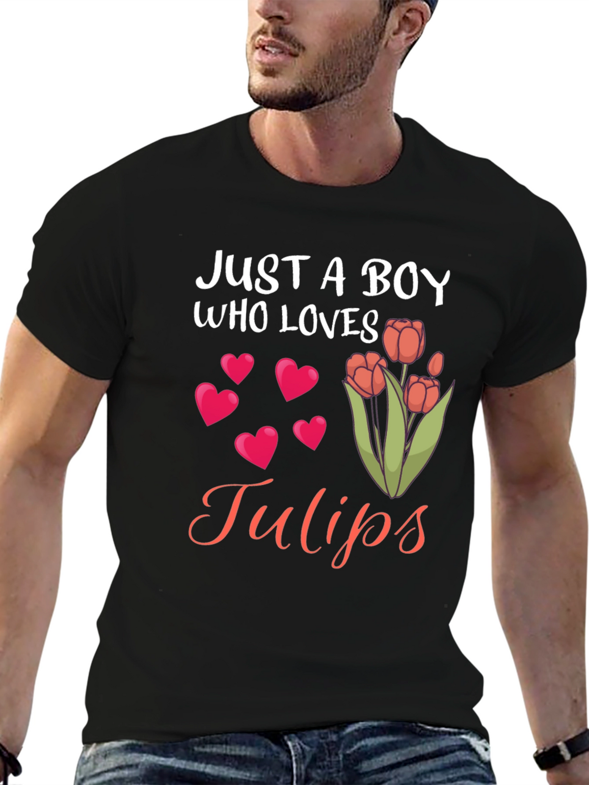 Just a Boy Who Loves Tulips Black T-Shirt