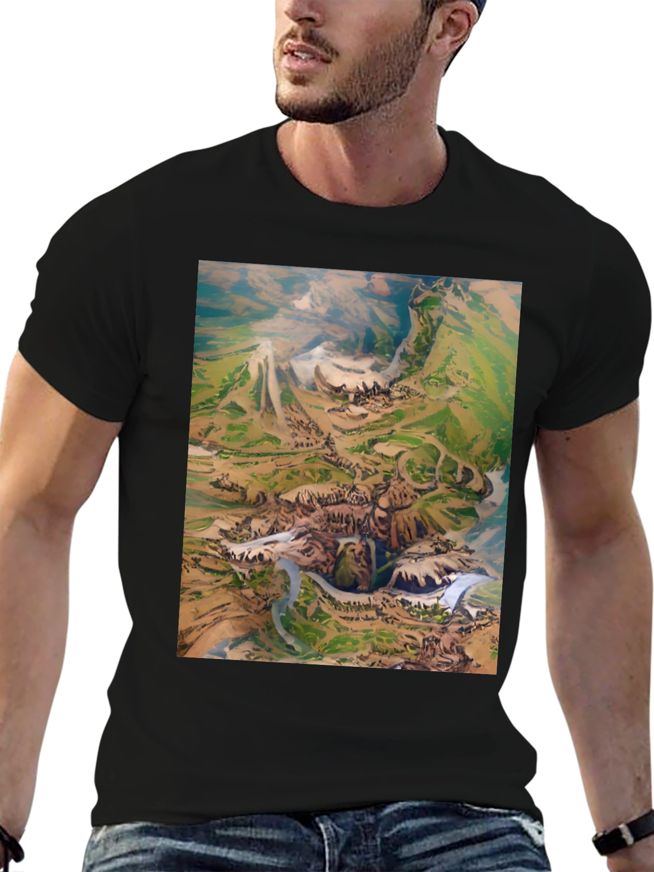 Artistic Landscape Print Black T-Shirt