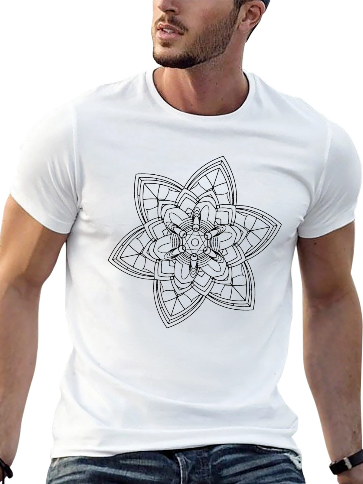 Mens Black T-Shirt with Floral Mandala Print