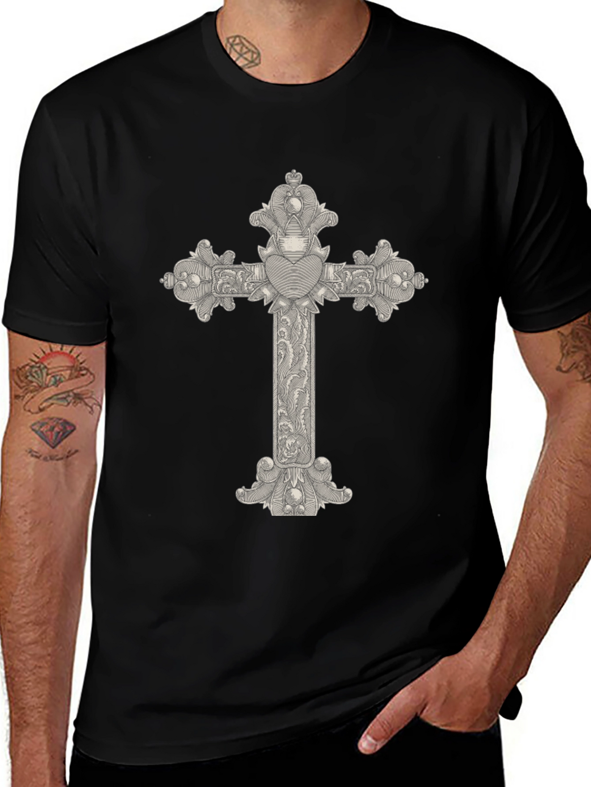 Ornate Cross Graphic Tee - Classic Black T-Shirt
