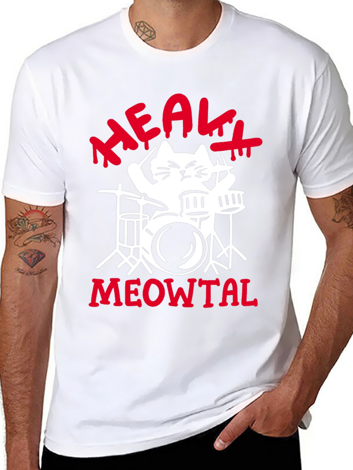 Heavy Meowtal Cat Drummer Black Graphic Tee