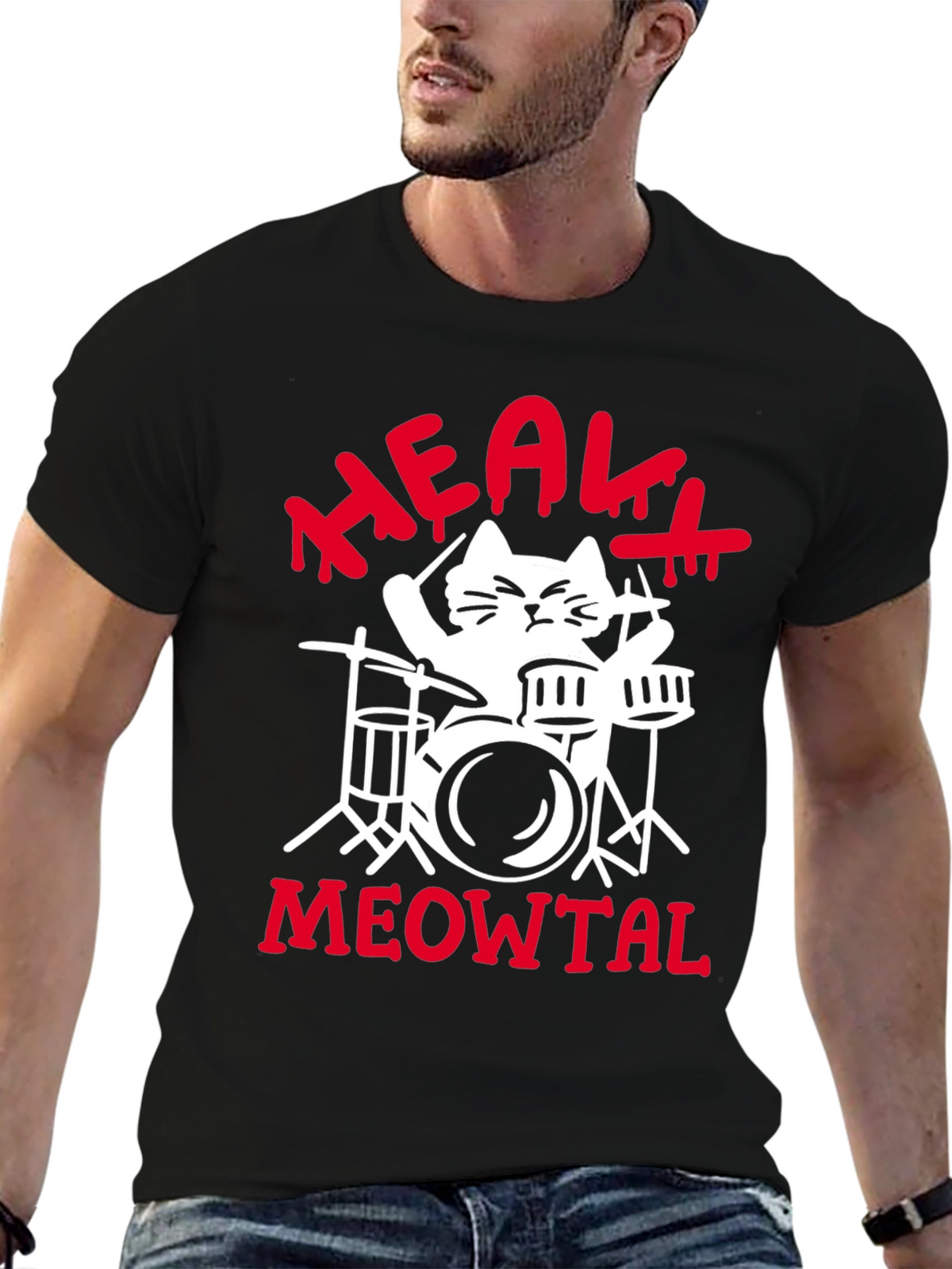 Heavy Meowtal Cat Drummer Black Graphic Tee