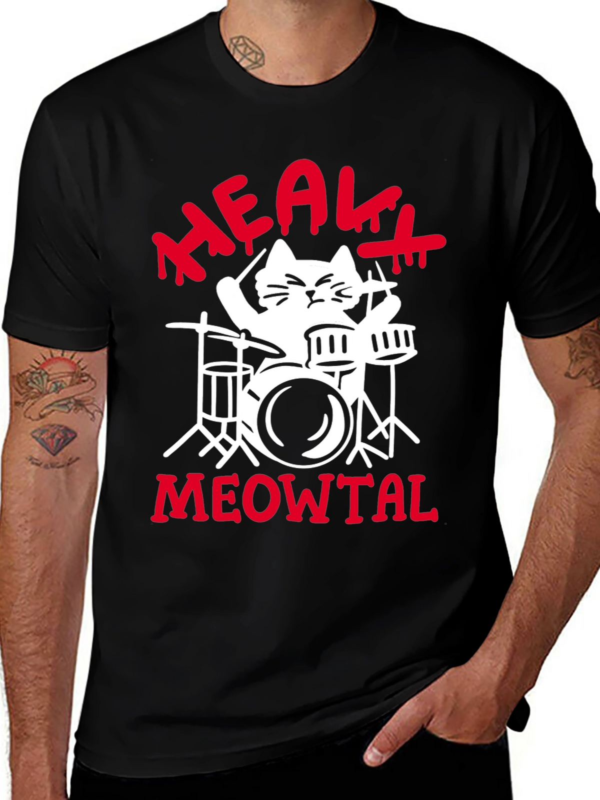 Heavy Meowtal Cat Drummer Black Graphic Tee