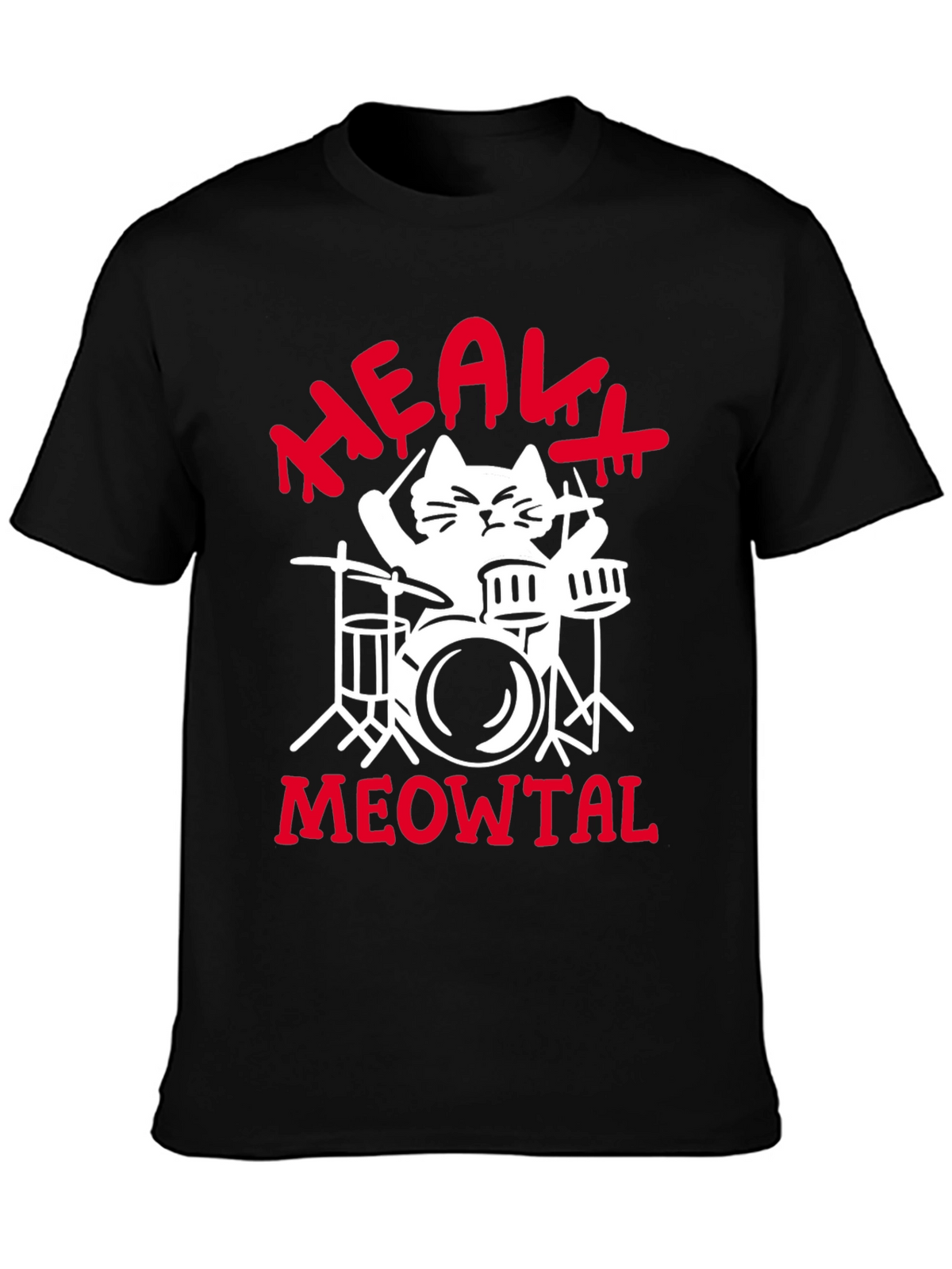 Heavy Meowtal Cat Drummer Black Graphic Tee