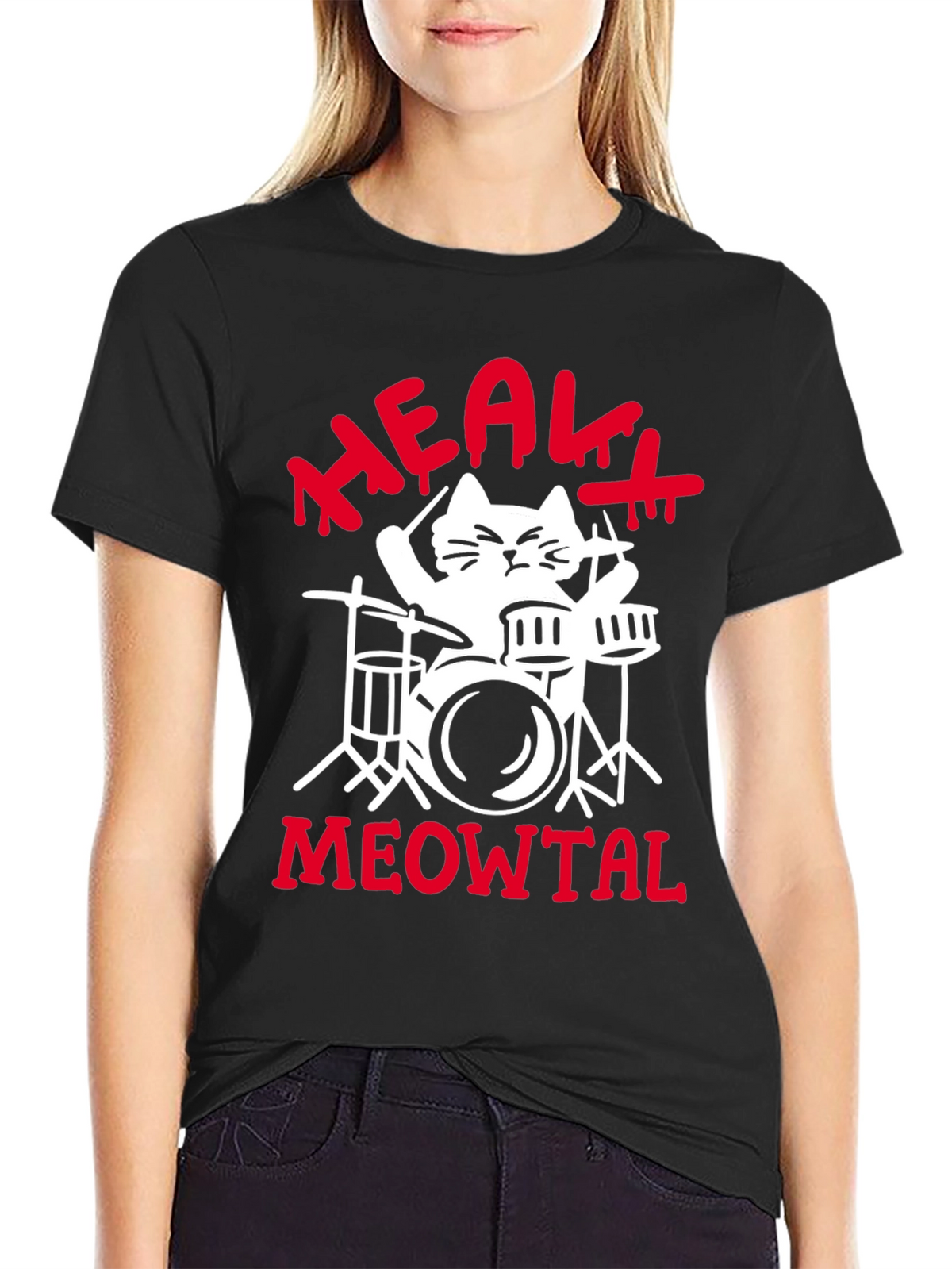 Heavy Meowtal Cat Drummer Black Graphic Tee