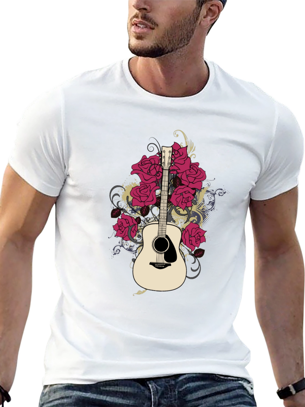 Guitar and Roses Graphic Black T-Shirt