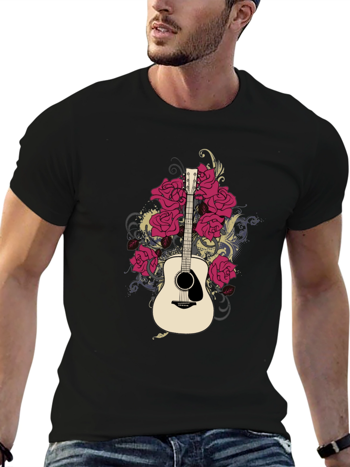 Guitar and Roses Graphic Black T-Shirt