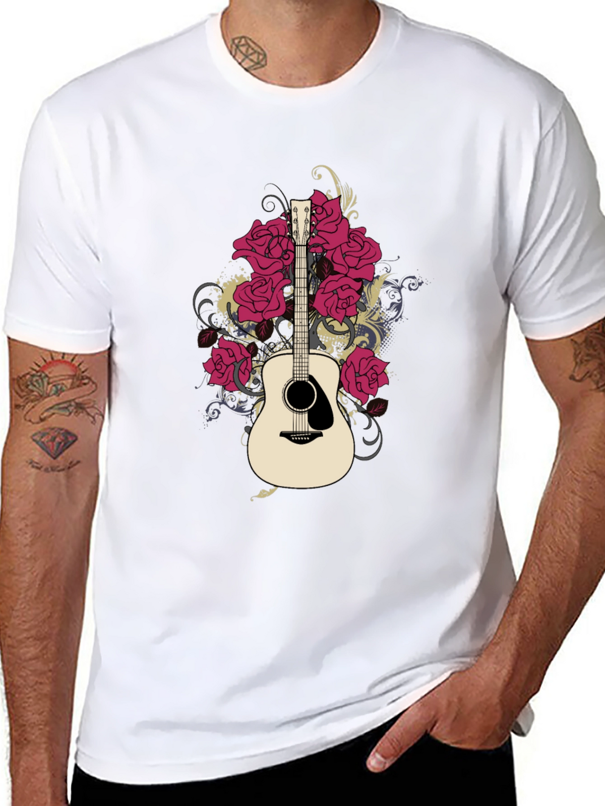 Guitar and Roses Graphic Black T-Shirt