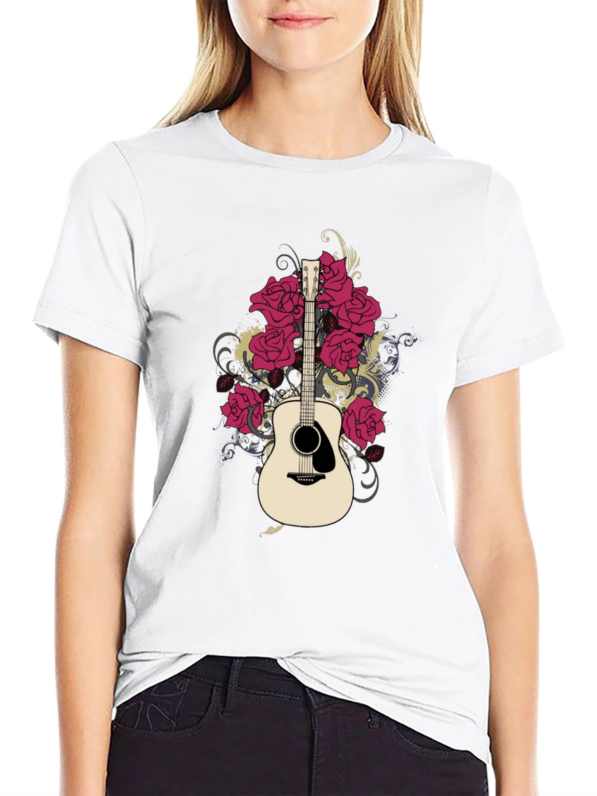 Guitar and Roses Graphic Black T-Shirt