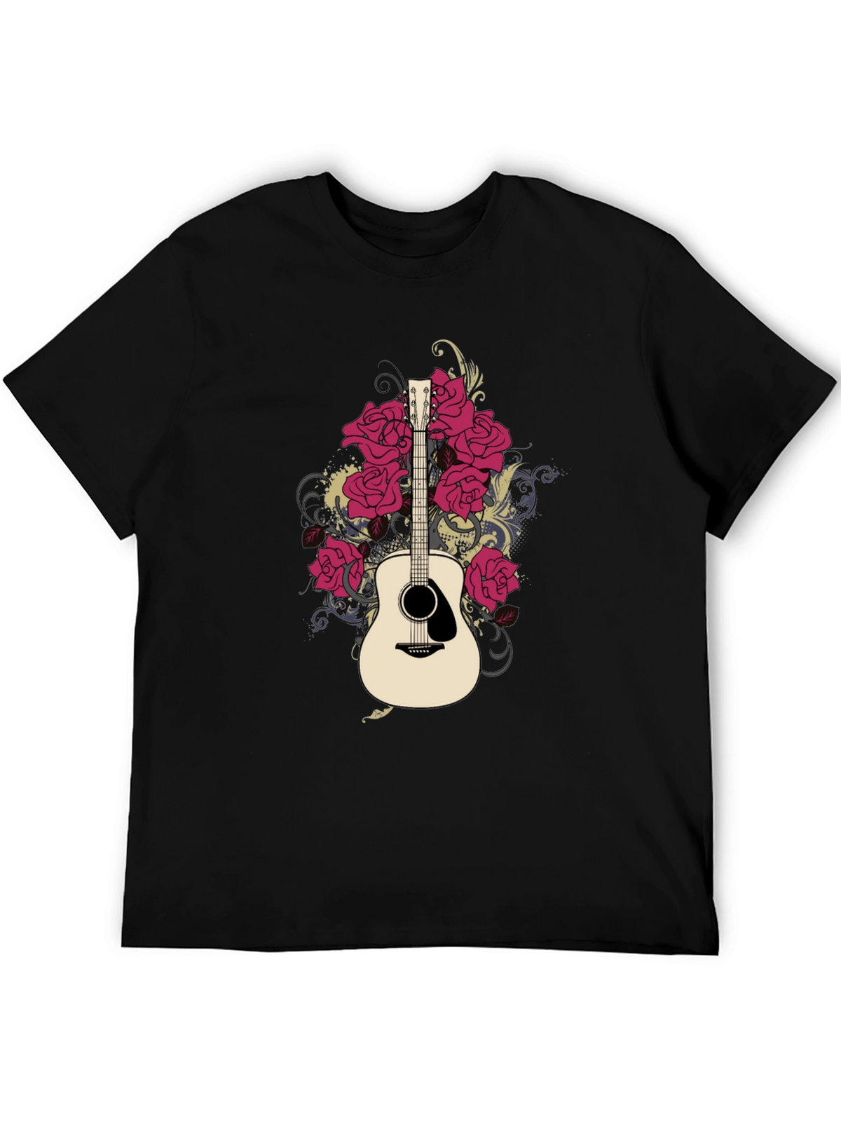 Guitar and Roses Graphic Black T-Shirt