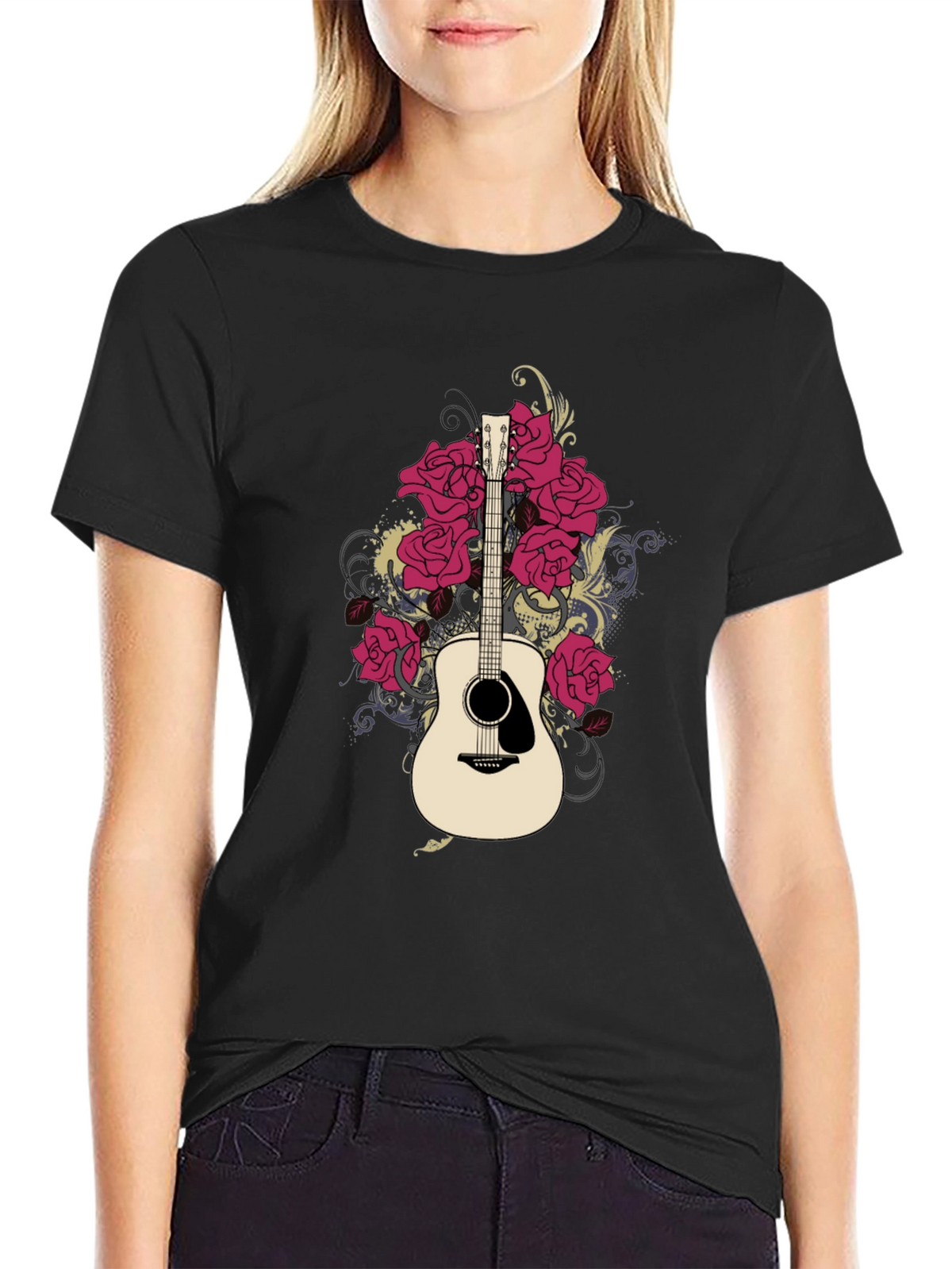 Guitar and Roses Graphic Black T-Shirt