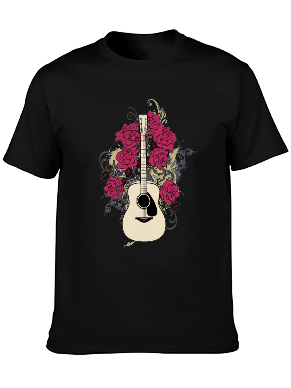 Guitar and Roses Graphic Black T-Shirt