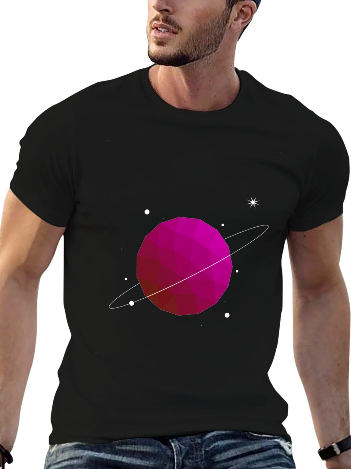 Geometric Planet Graphic Tee - Black Cotton Comfort