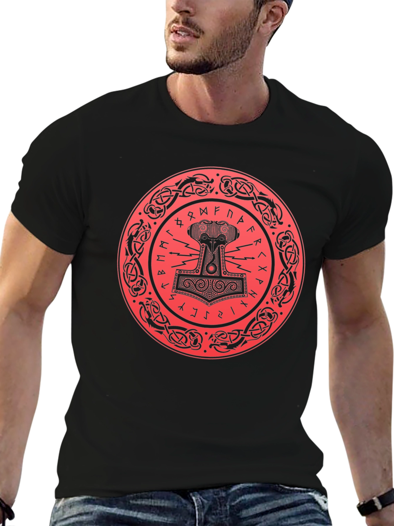 Viking Thor Hammer Graphic Tee - Black