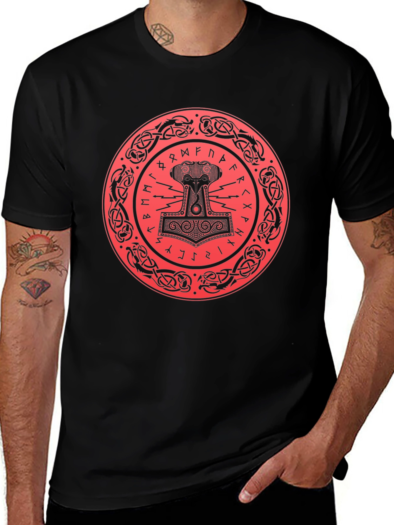 Viking Thor Hammer Graphic Tee - Black