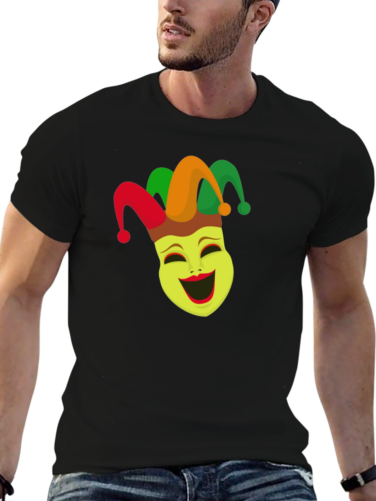 Jester Mask Graphic Tee - Black Crew Neck