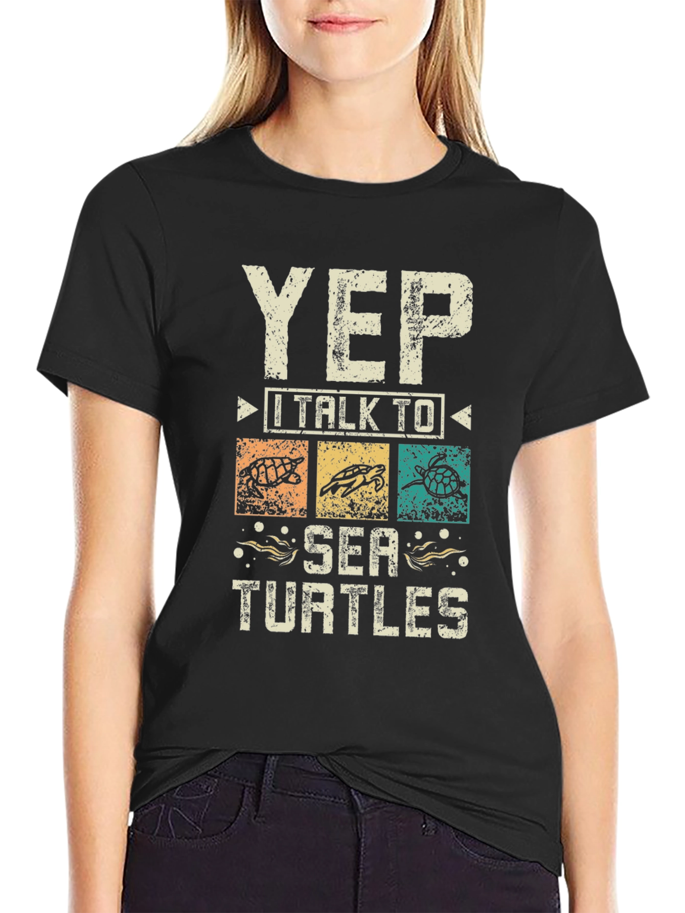 Yep I Talk to Sea Turtles Black Graphic T-Shirt