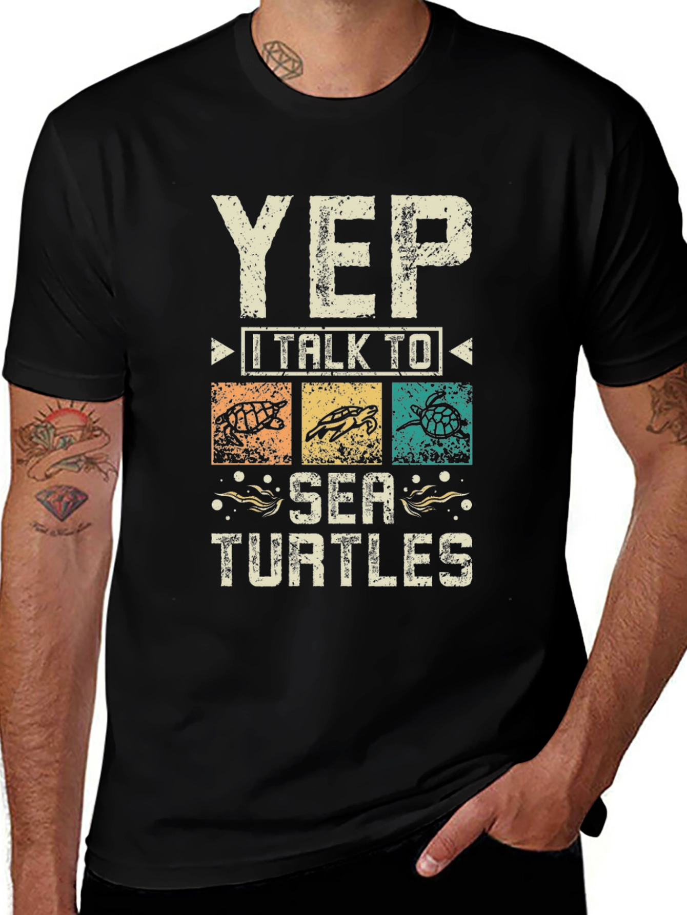 Yep I Talk to Sea Turtles Black Graphic T-Shirt