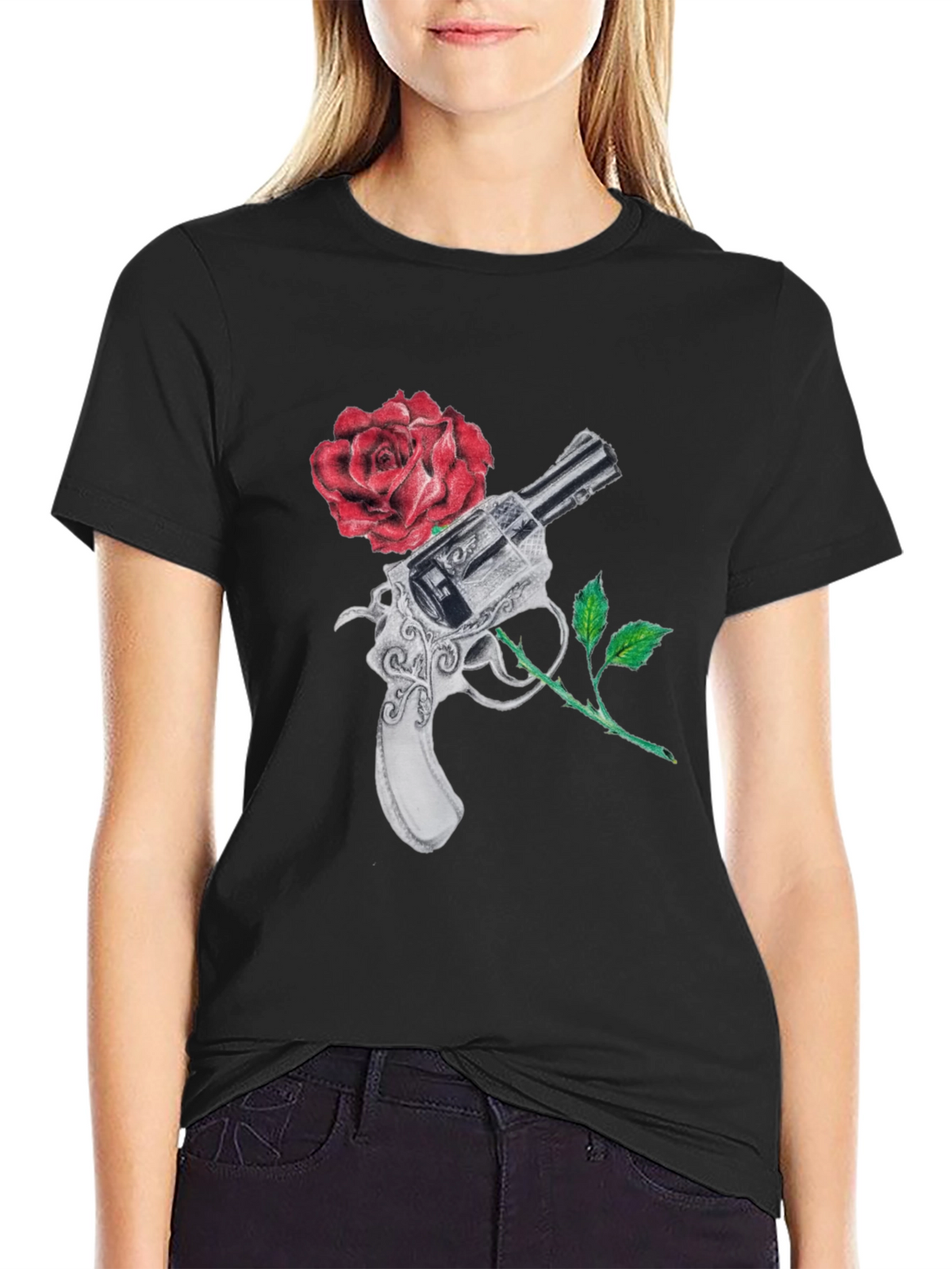 Gun and Rose Graphic Black T-Shirt
