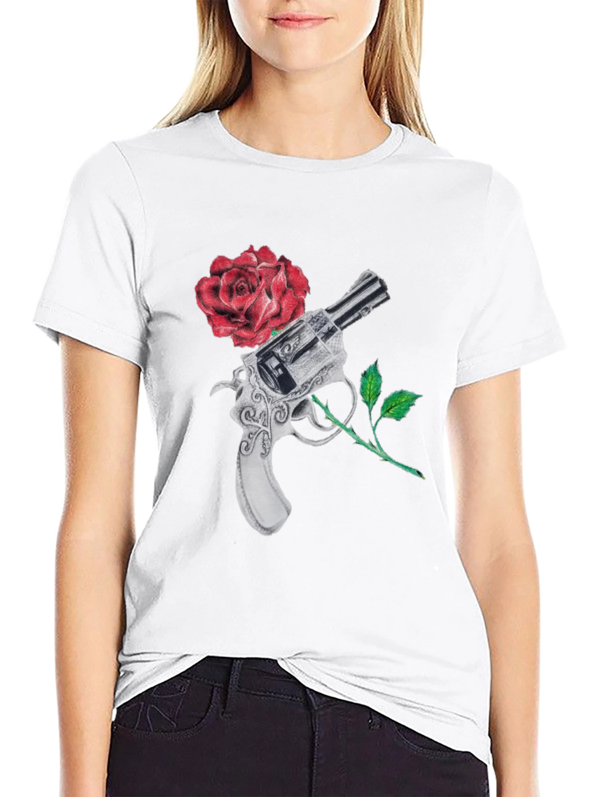 Gun and Rose Graphic Black T-Shirt
