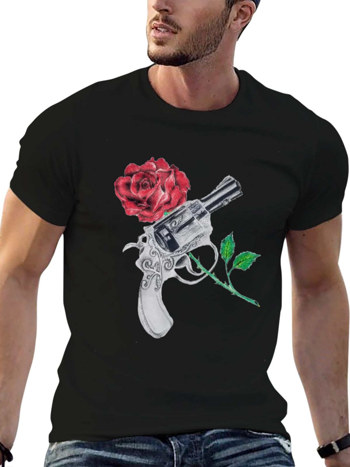 Gun and Rose Graphic Black T-Shirt