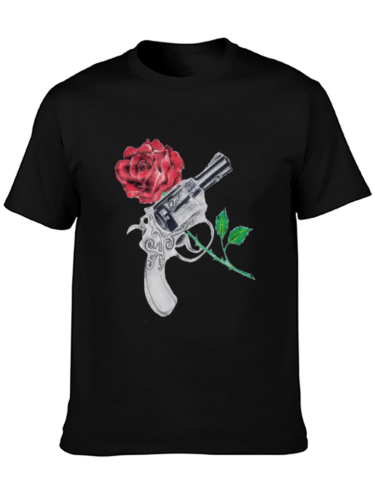 Gun and Rose Graphic Black T-Shirt