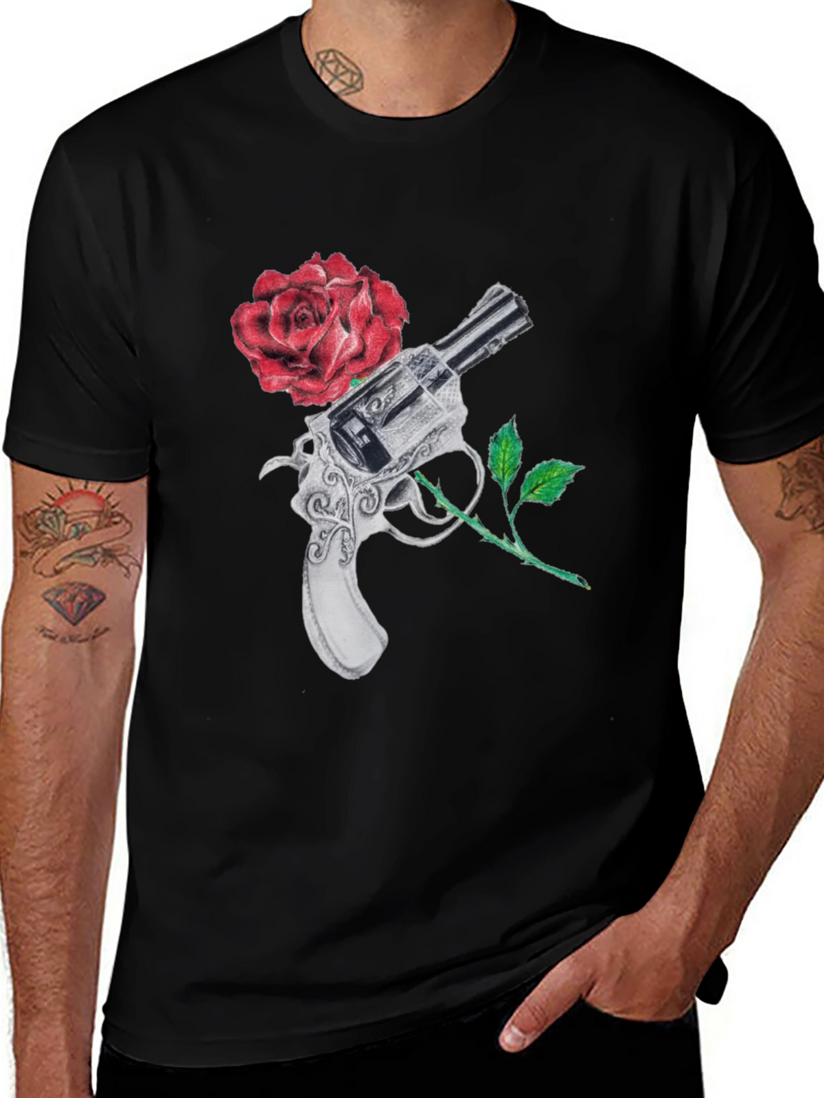 Gun and Rose Graphic Black T-Shirt