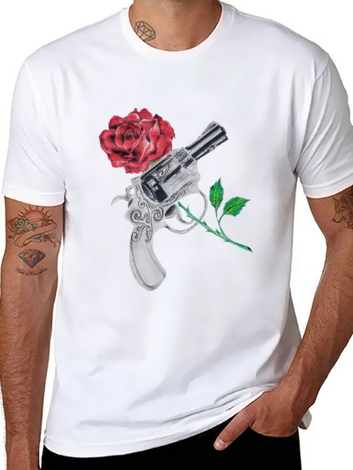 Gun and Rose Graphic Black T-Shirt