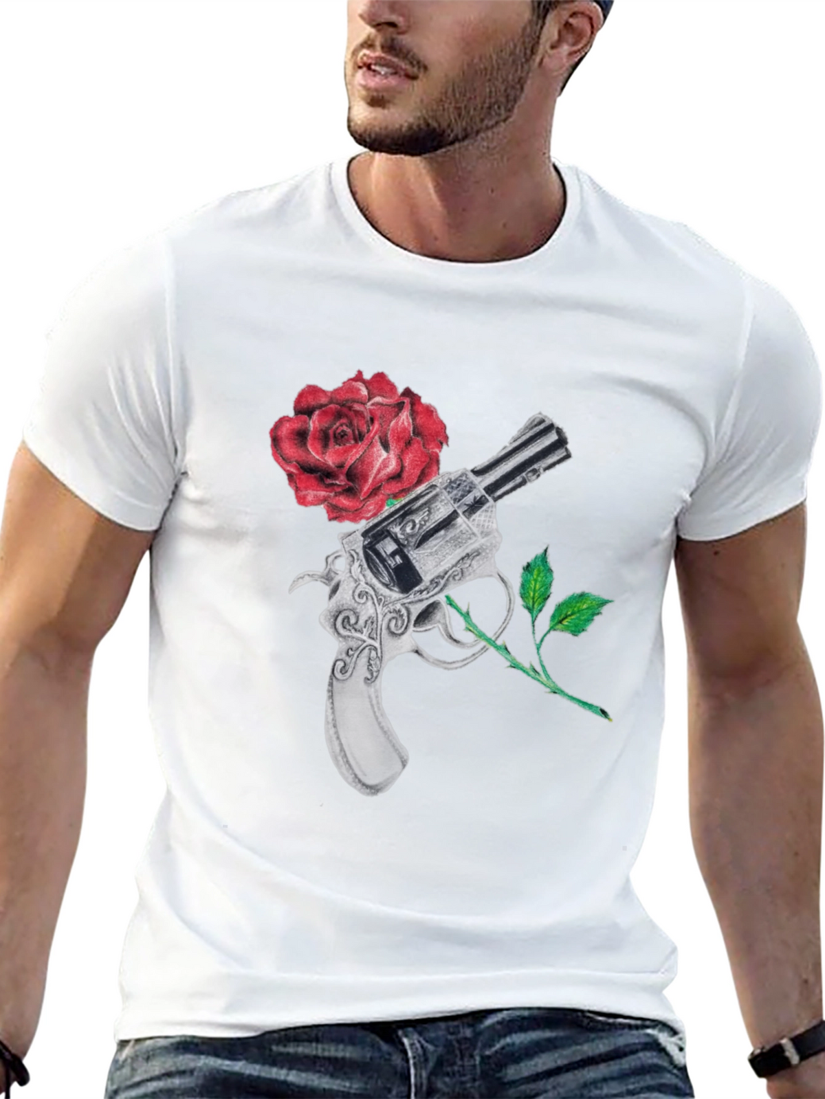 Gun and Rose Graphic Black T-Shirt