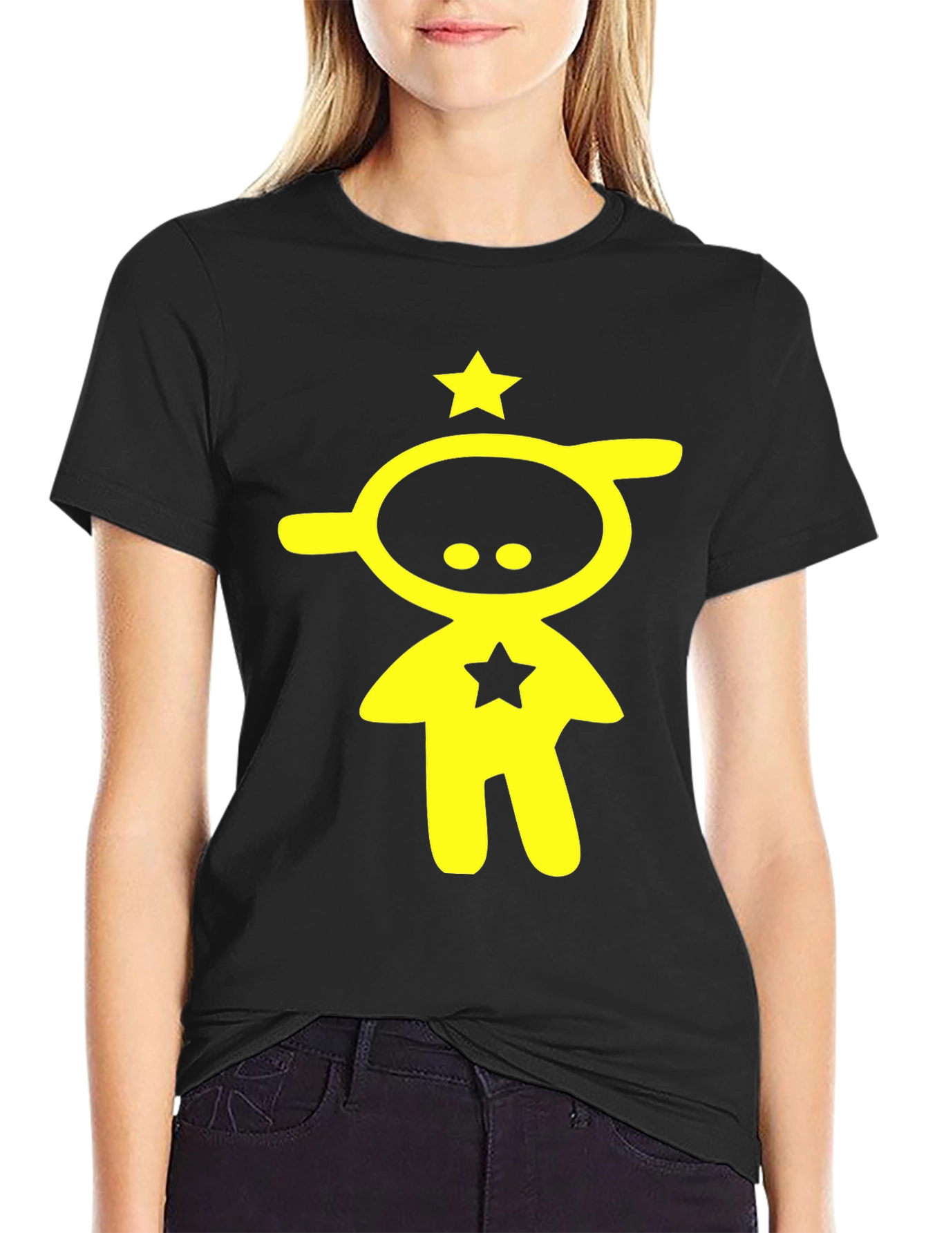 Abstract Yellow Star Character Black T-Shirt
