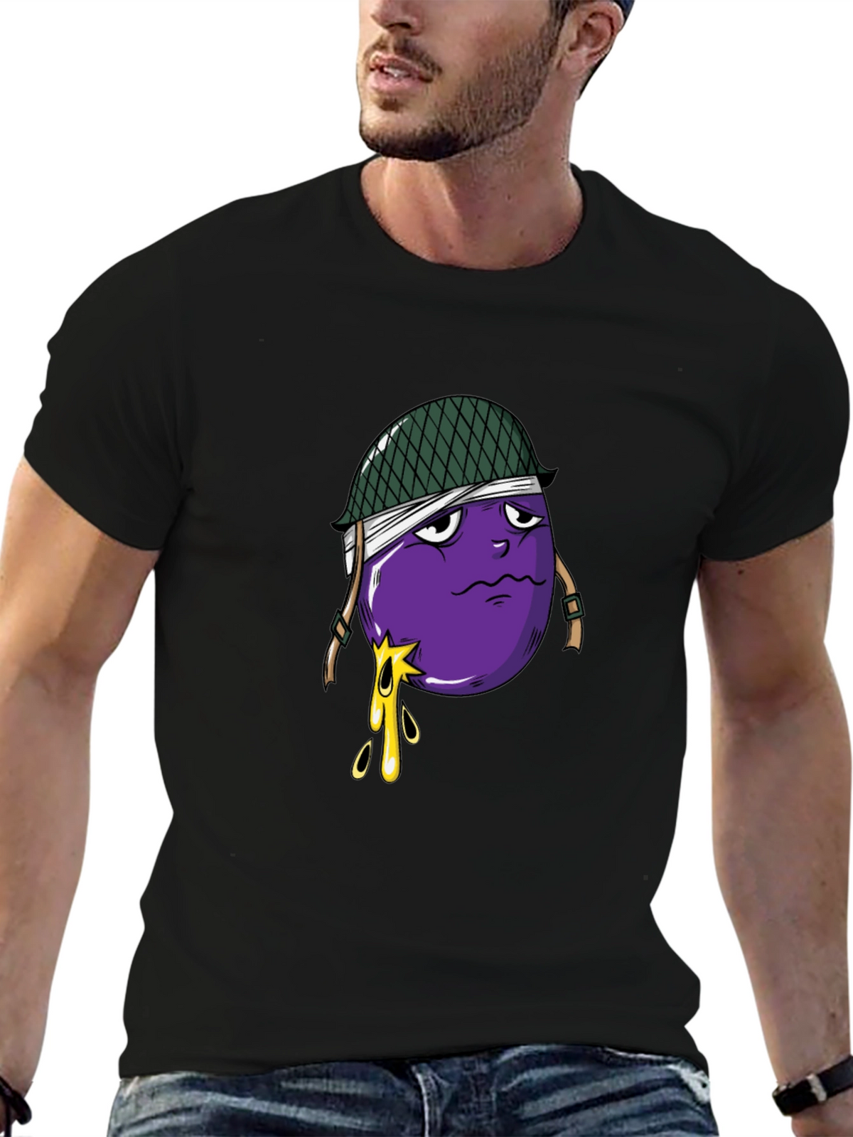 Eggplant Soldier Graphic Tee - Black Cotton T-Shirt