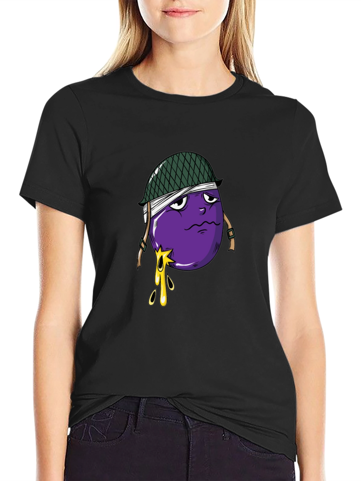 Eggplant Soldier Graphic Tee - Black Cotton T-Shirt