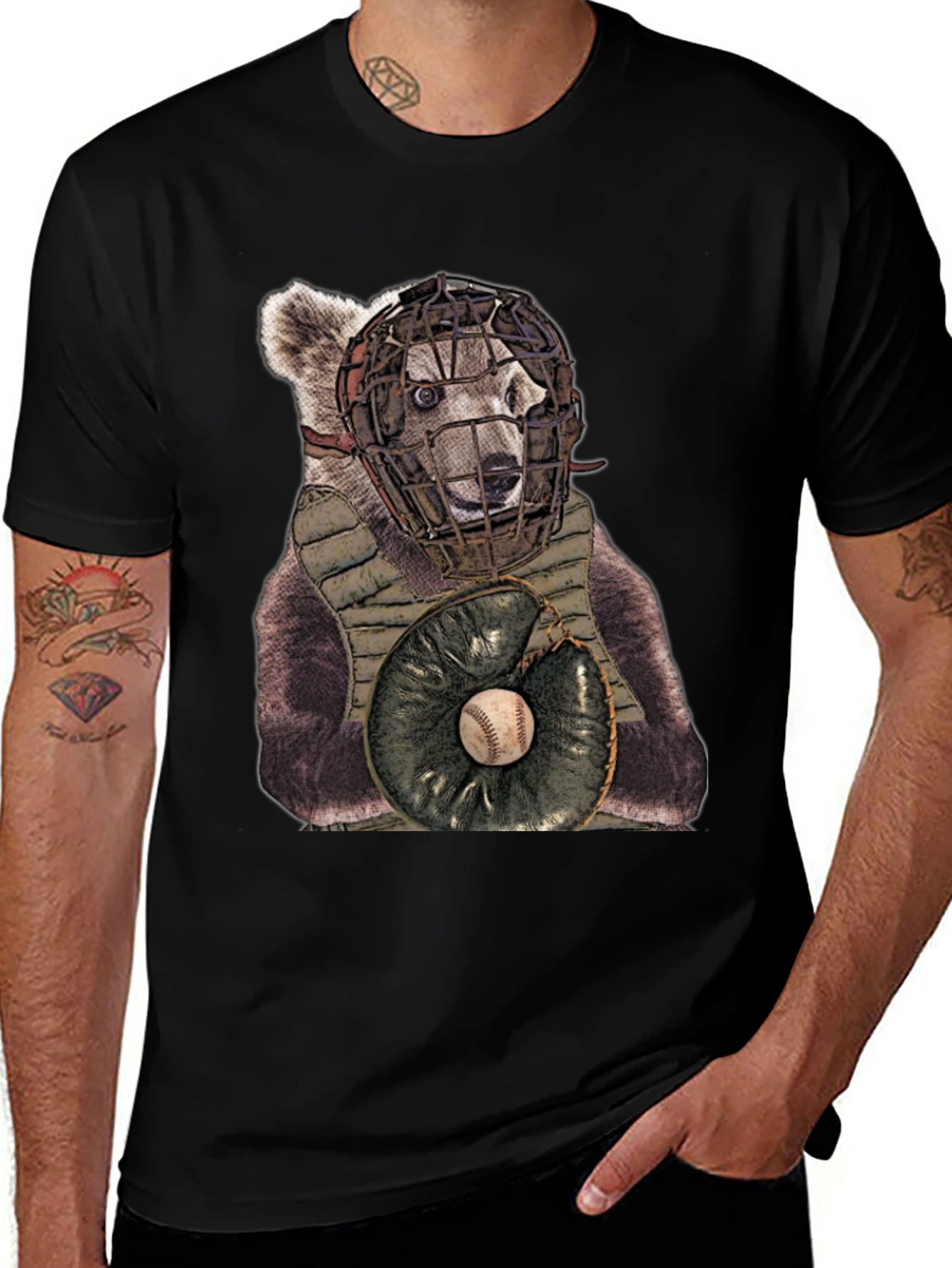 Bear Catcher T-Shirt - Novelty Baseball Tee