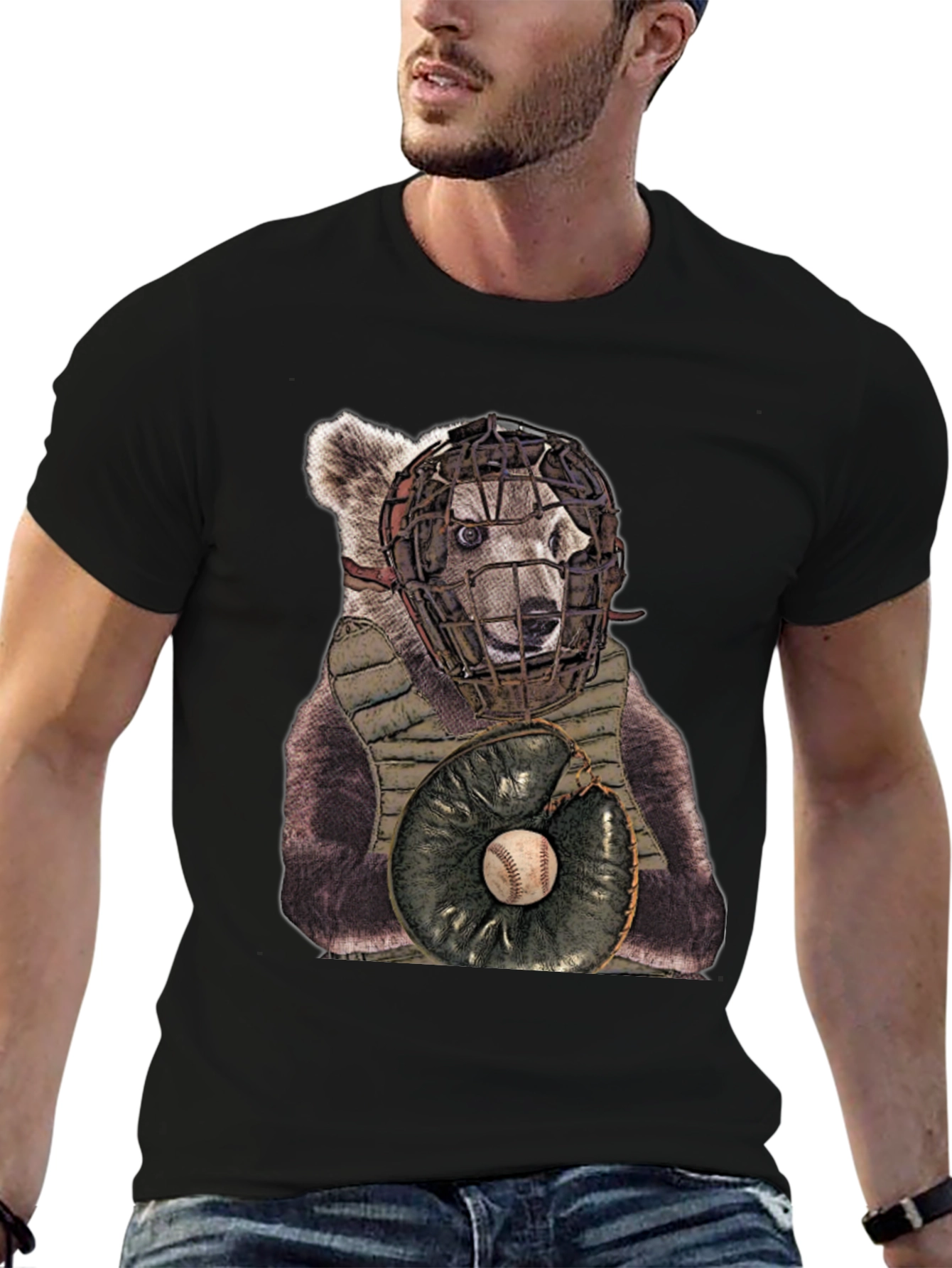 Bear Catcher T-Shirt - Novelty Baseball Tee