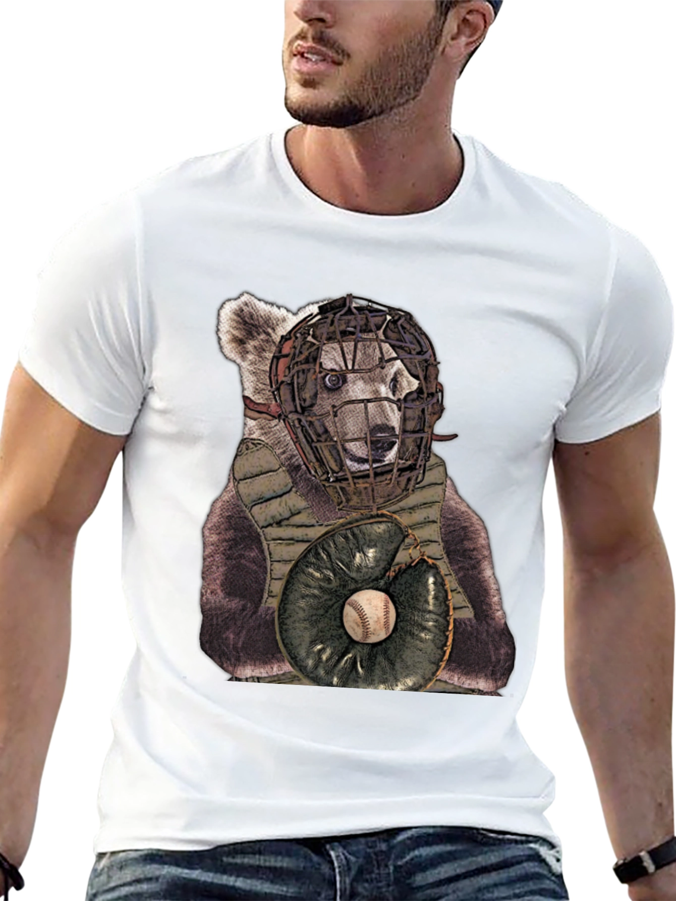 Bear Catcher T-Shirt - Novelty Baseball Tee