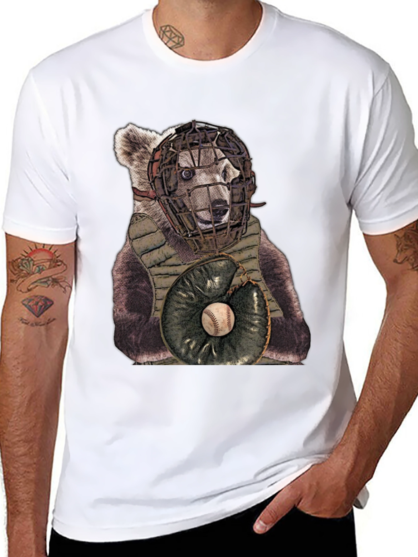 Bear Catcher T-Shirt - Novelty Baseball Tee