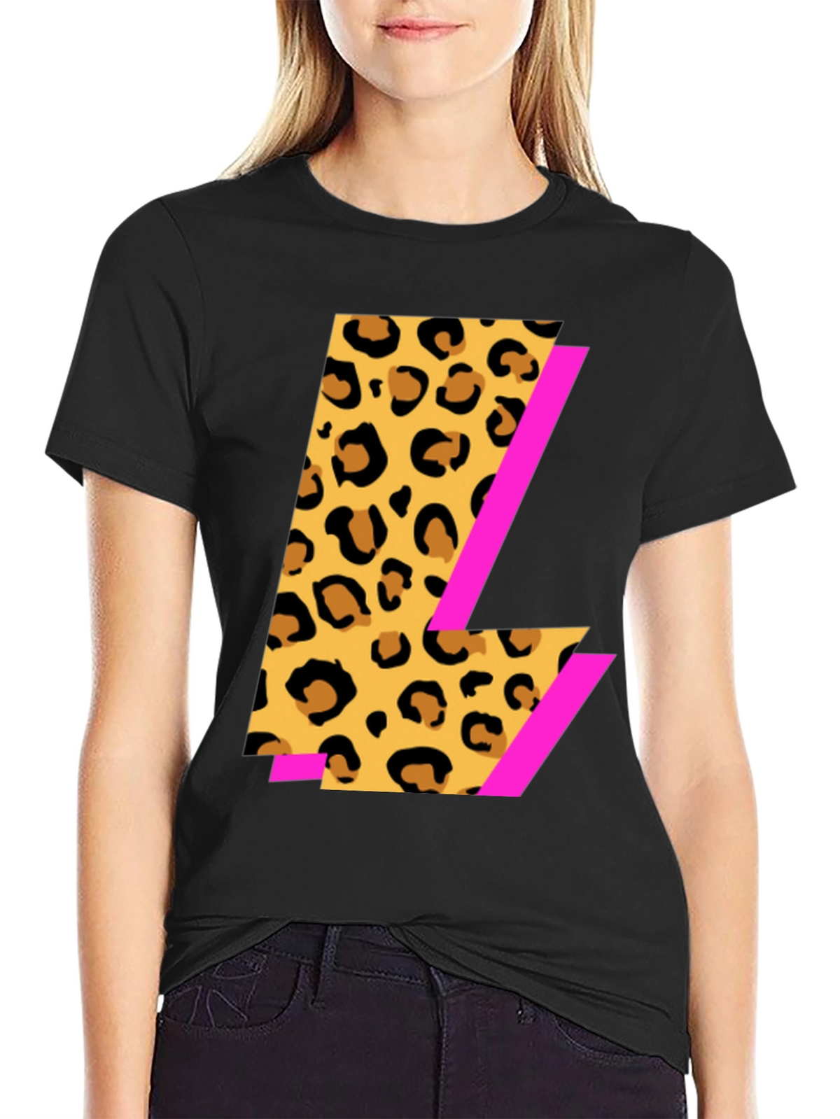 Leopard Print L Graphic Black T-Shirt