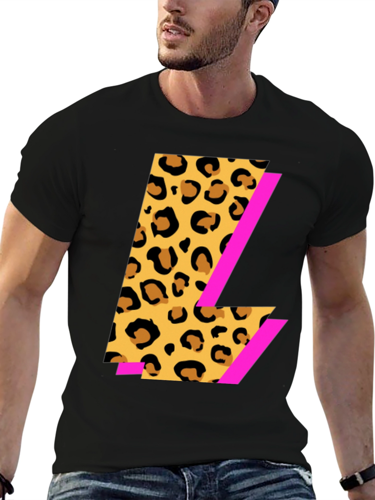 Leopard Print L Graphic Black T-Shirt