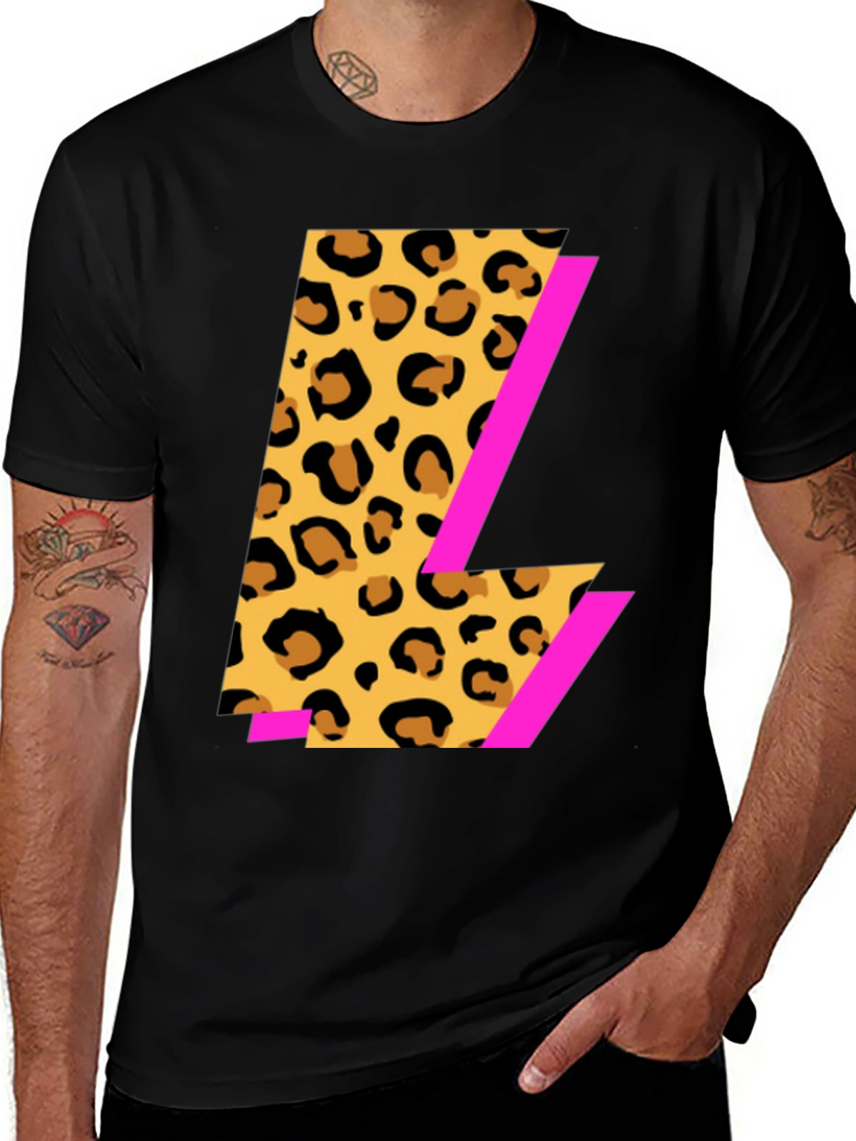 Leopard Print L Graphic Black T-Shirt