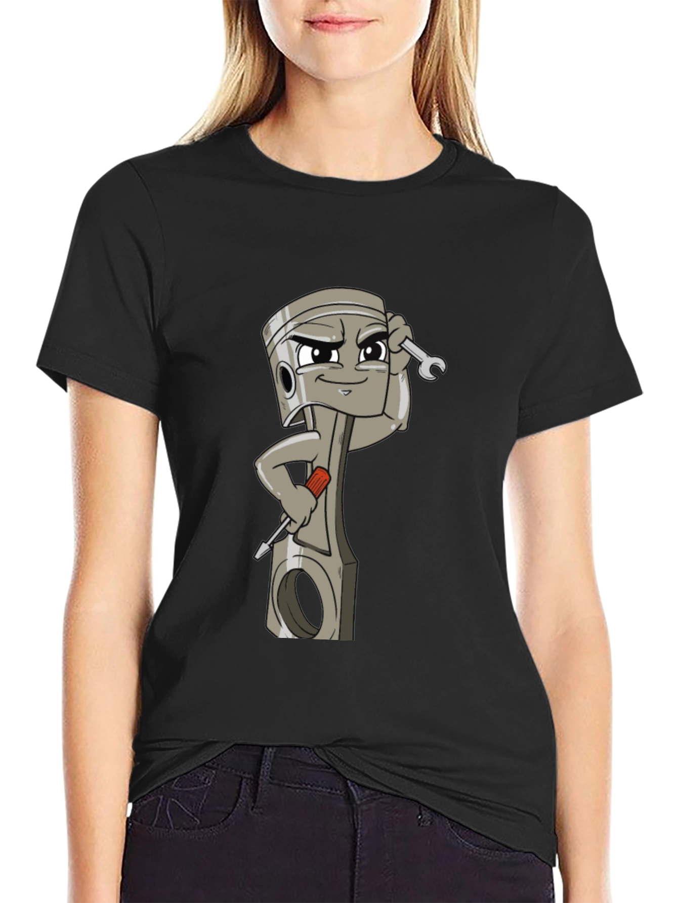 Cool Cartoon Piston Mechanic Black T-Shirt