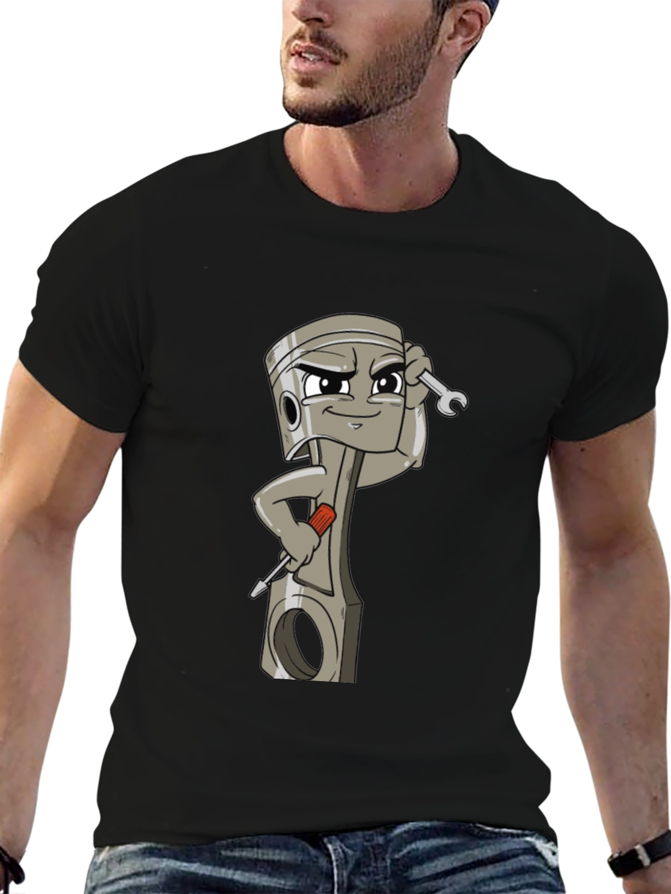 Cool Cartoon Piston Mechanic Black T-Shirt