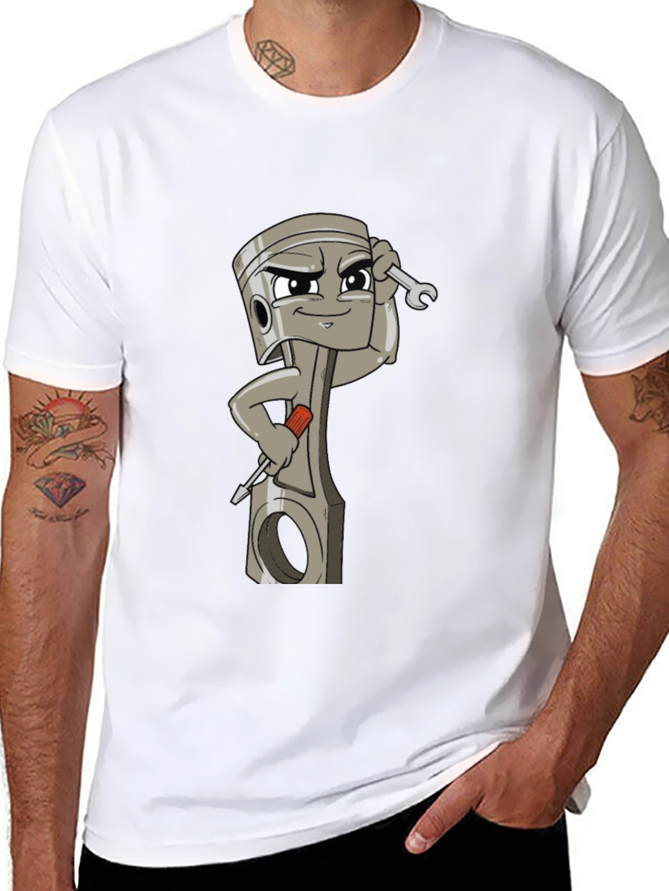 Cool Cartoon Piston Mechanic Black T-Shirt